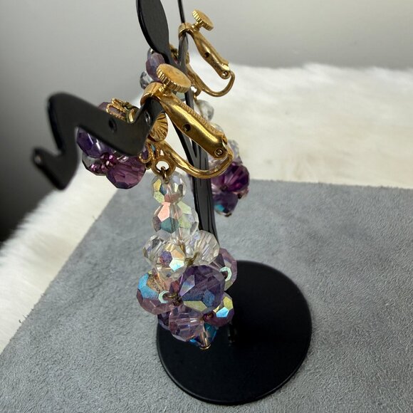 Vintage Vendome Purple & Clear Glass Bead Dangle & Drop Screw/Clip Earrings Gold - Picture 5 of 16